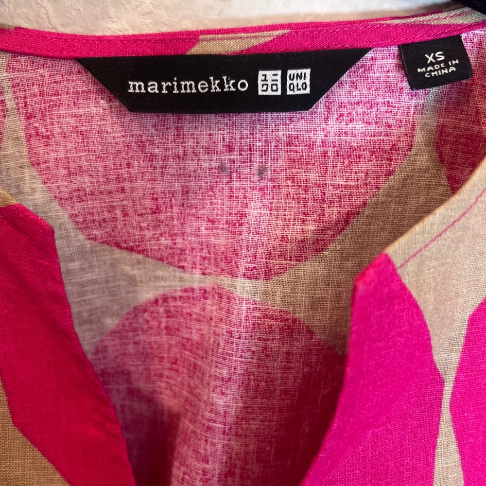 Marimekko x Uniqlo Pink Polka Dot Linen Blend V-Neck Tunic Top XS - Picture 3 of 5